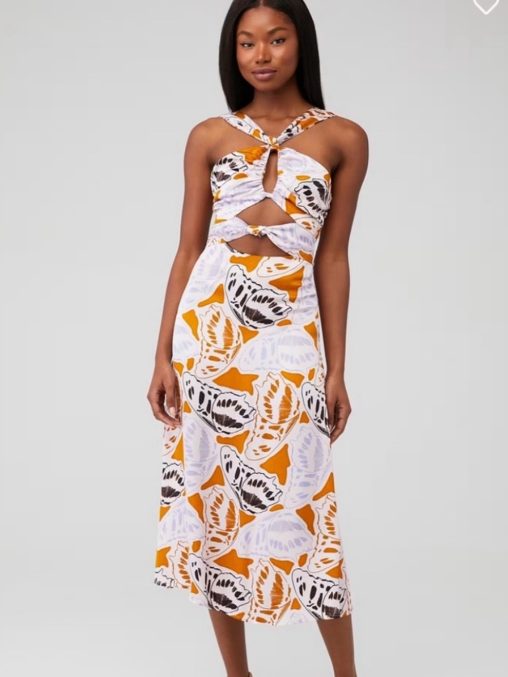 For Love & Lemons White and Mustard Floral Cutout Midi Dress